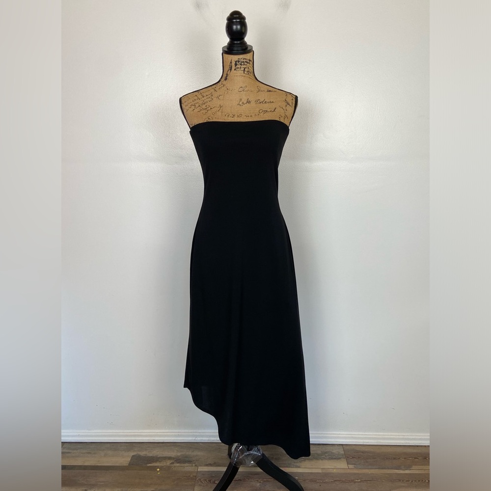 Cache 90s Y2K Strapless Asymmetrical Midi Dress Sz M Black Stretch‎ Cocktail USA